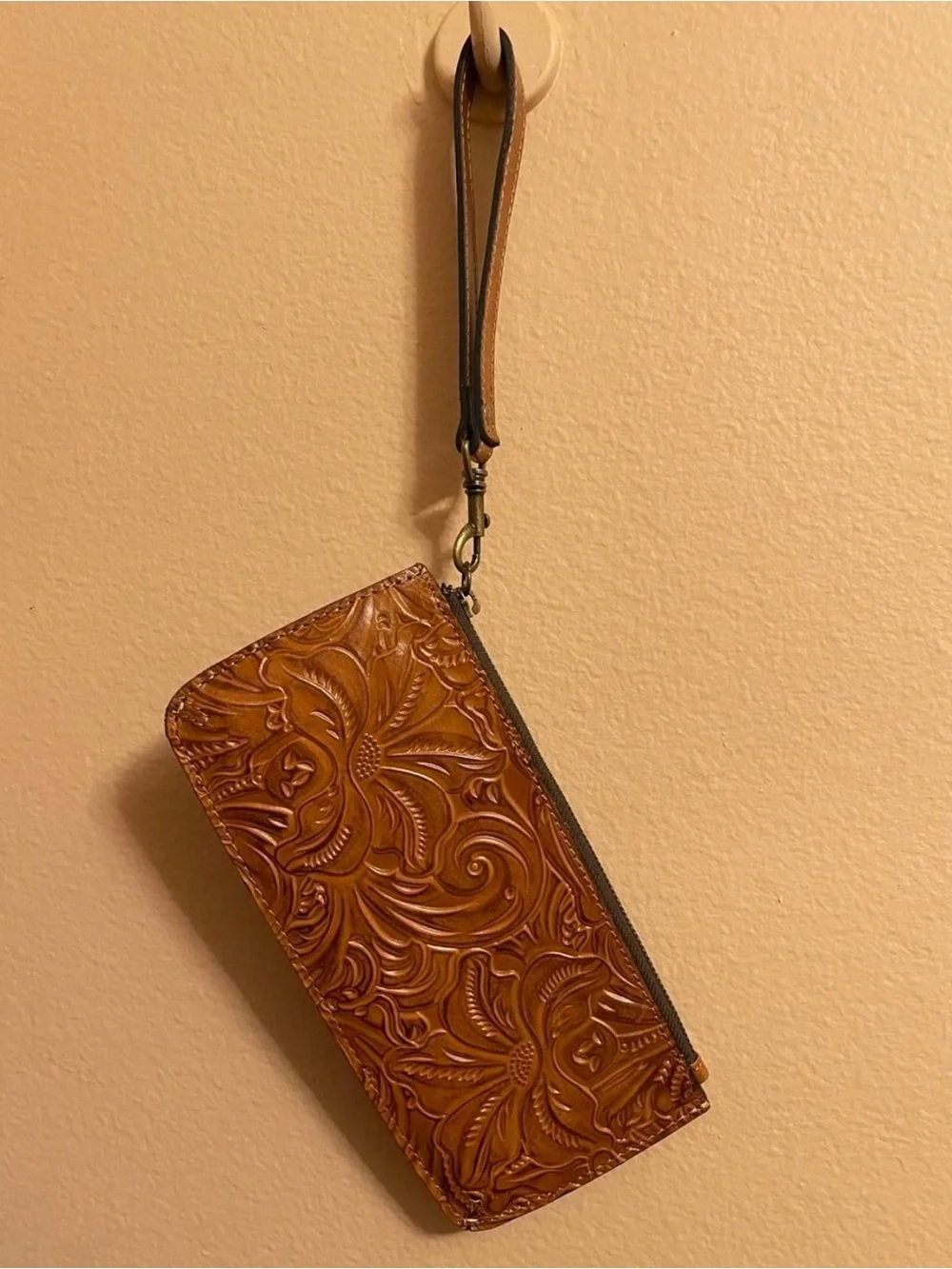 Patricia Nash Tooled Leather Wristlet in Tan